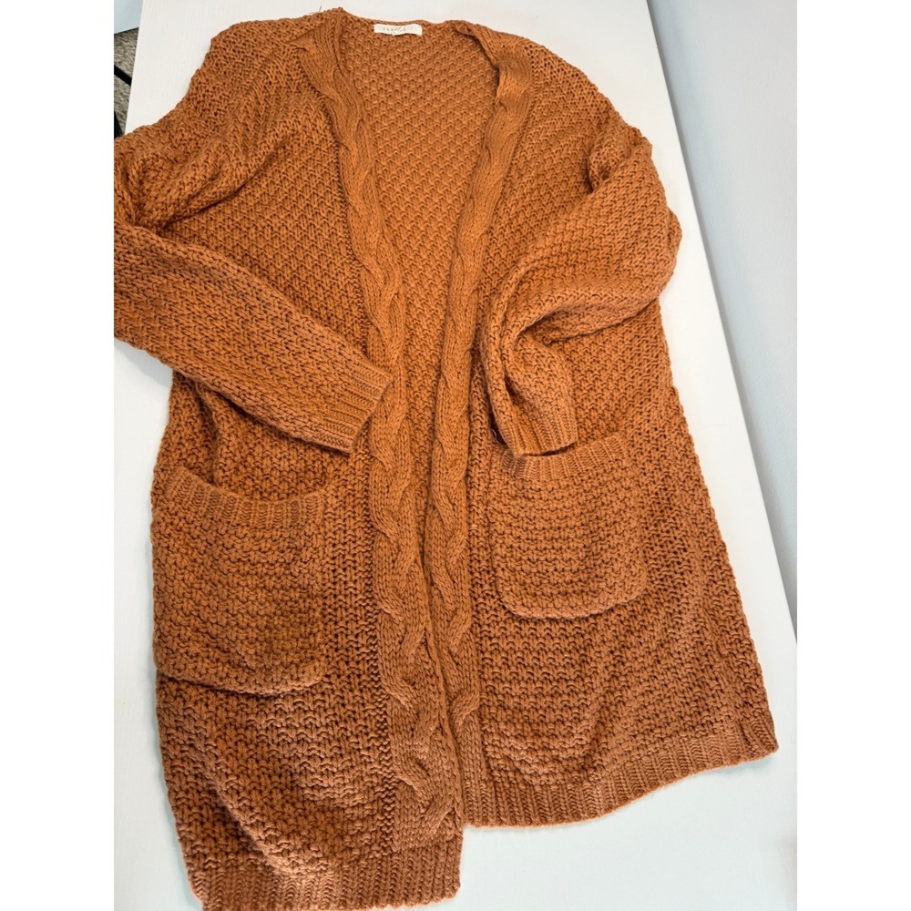 Reborn J Womens Rust Orange Cable Knit Open Front Cardigan Sweater Small - Picture 11 of 12
